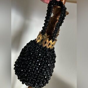Black Beaded Evening Handbag with Gold Accent Vintage